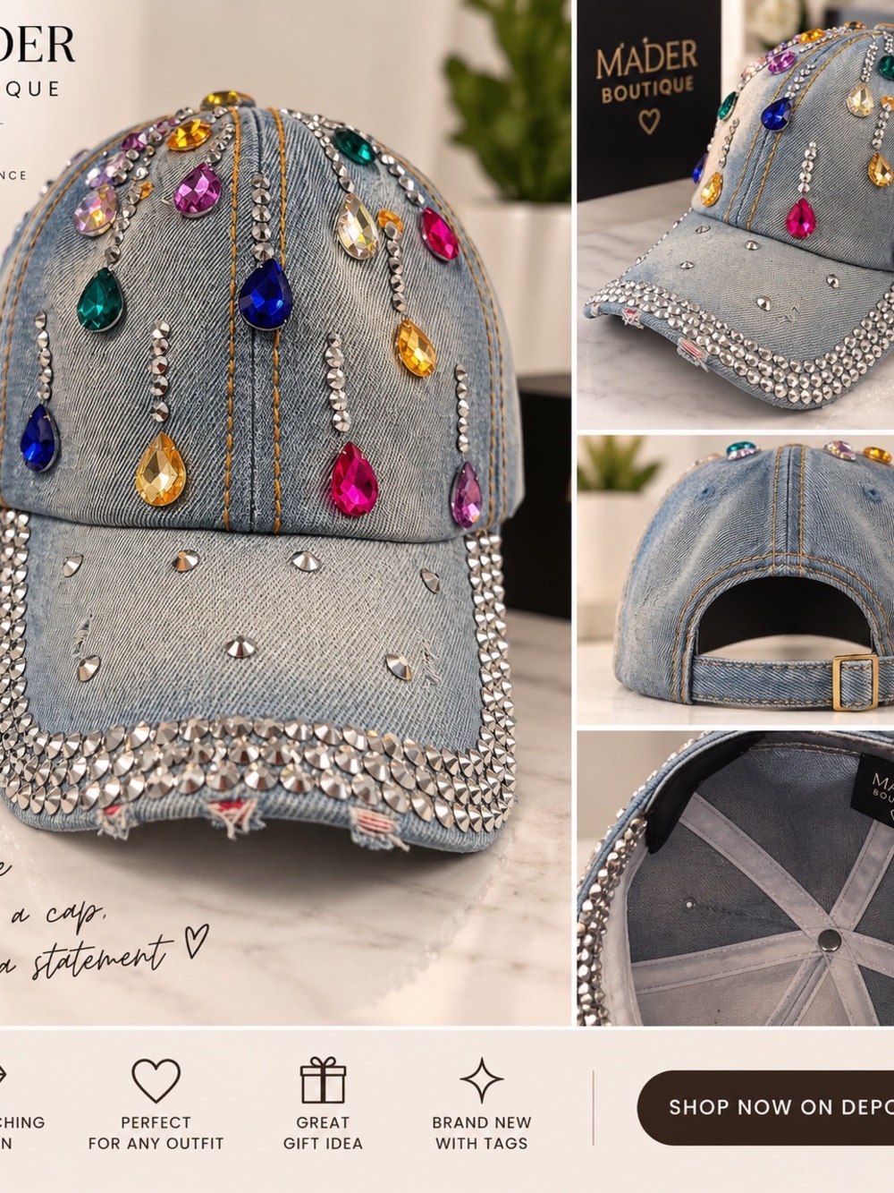 Kids Denim Cap with Multicolor Gem Accents
